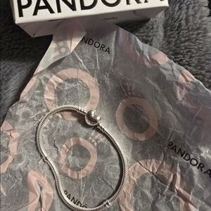 Pandora Silver Snake Chain Bracelet with Heart Clasp 7.5 in